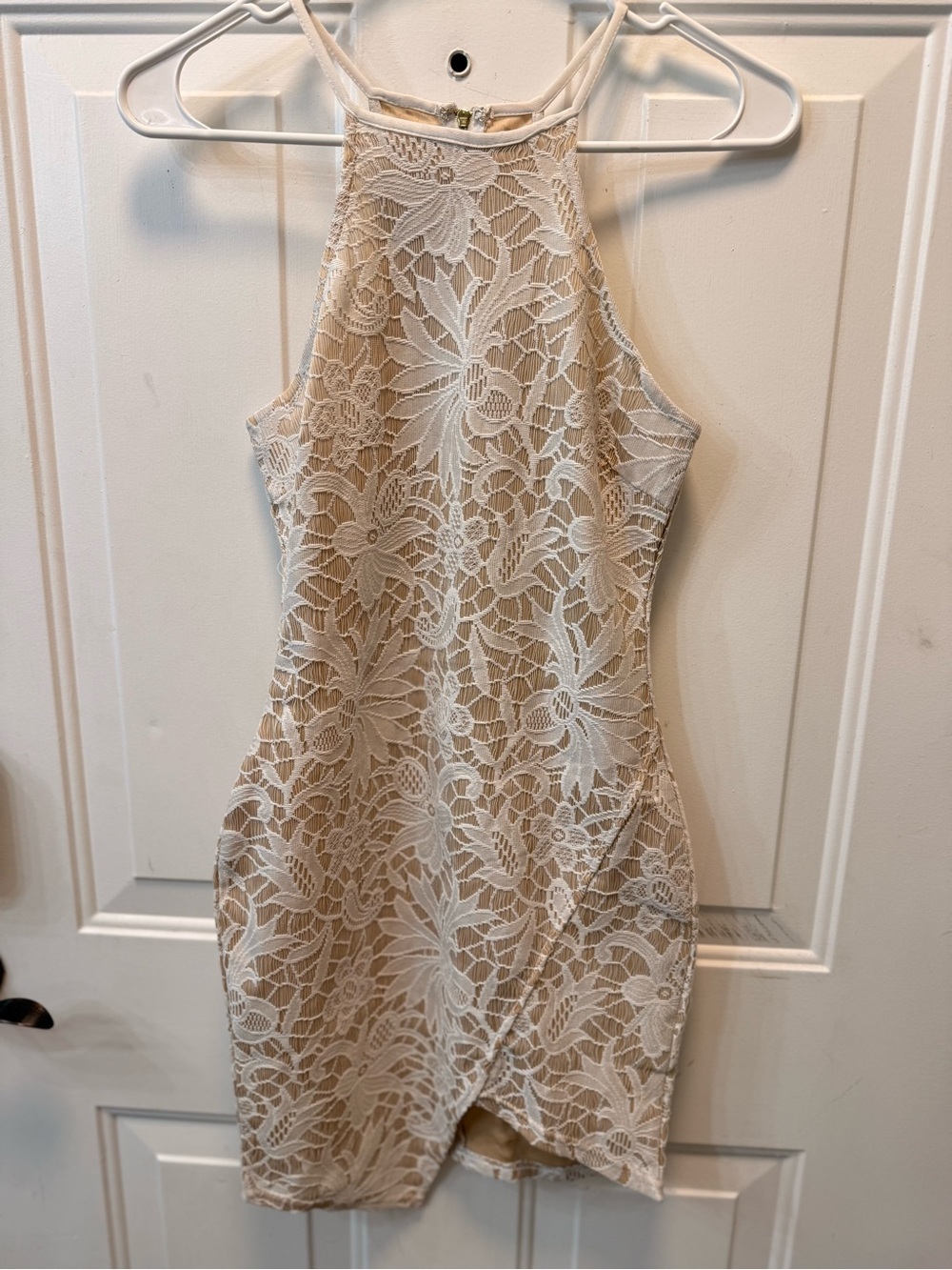 Papaya Cream Lace Halter Mini Dress